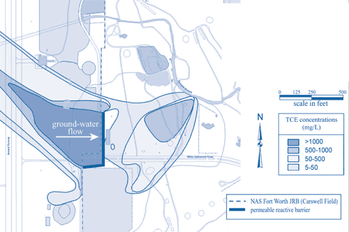 Figure 1. Ground-water treatment by the PRB is significantly reducing TCE concentrations in the downgradient toe of the contaminant plume at the former Carswell Air Force Base.