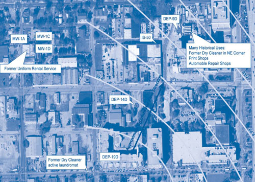 Figure 3. Seven wells near multiple potential chlorinated solvent sources were sampled for 3D-CSIA at the FAMU Law School site.