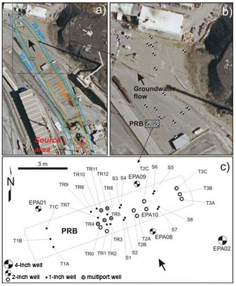 Maps showing arsenic plume extent, location of PRB, and monitoring well locations around and in the PRB.