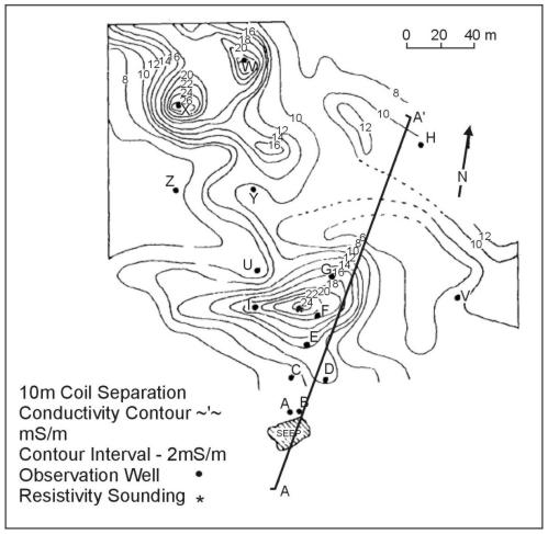 Contours of apparent conductivity for an acid mine dump site in Appalachia from terrain conductivity meter. (Ladwig (1982) and McNeill (1990); copyright permission granted by Society of Exploration Geophysicists)