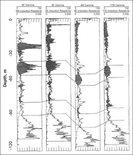 Cross section of four test holes in the Chicago area showing correlation enhanced by computer shading between gamma and induction logs.