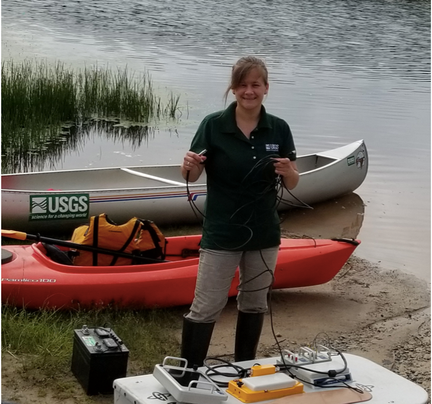 Figure 10. Connecting power and data cables on a GPR system to set up the equipment to collect data from a canoe and kayak (USGS).