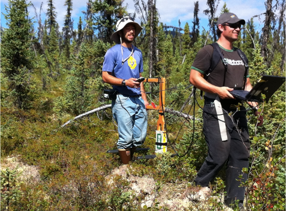Figure 6. GPR data are collected with handheld equipment. The lead individual carries the electronic equipment while the second person carries the receiving antennas (USGS).