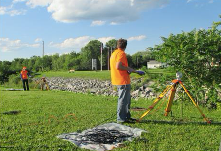 Figure 8. Cross-hole collection of GPR data; a receiver is deployed down one well and a transmitter is deployed down an adjacent well  (USGS).