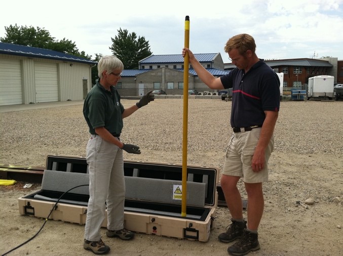 Figure 1. USGS hydrologists  prepare a borehole NMR tool for logging (Source: USGS).