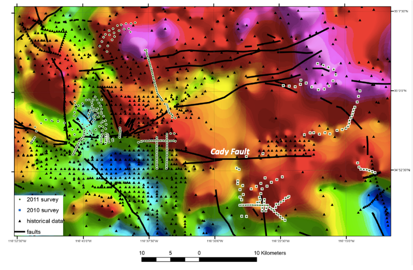 Figure 4. Isostatic residual gravity surface interpolated from historical and more recently collected data for Barstow, California. Cool colors indicate lower isostatic residual gravity (such as lower-density, unconsolidated, or partly consolidated alluvial sediments) while warm colors indicate higher isostatic residual gravity (such as denser bedrock) (Phelps, G. et al., 2013).