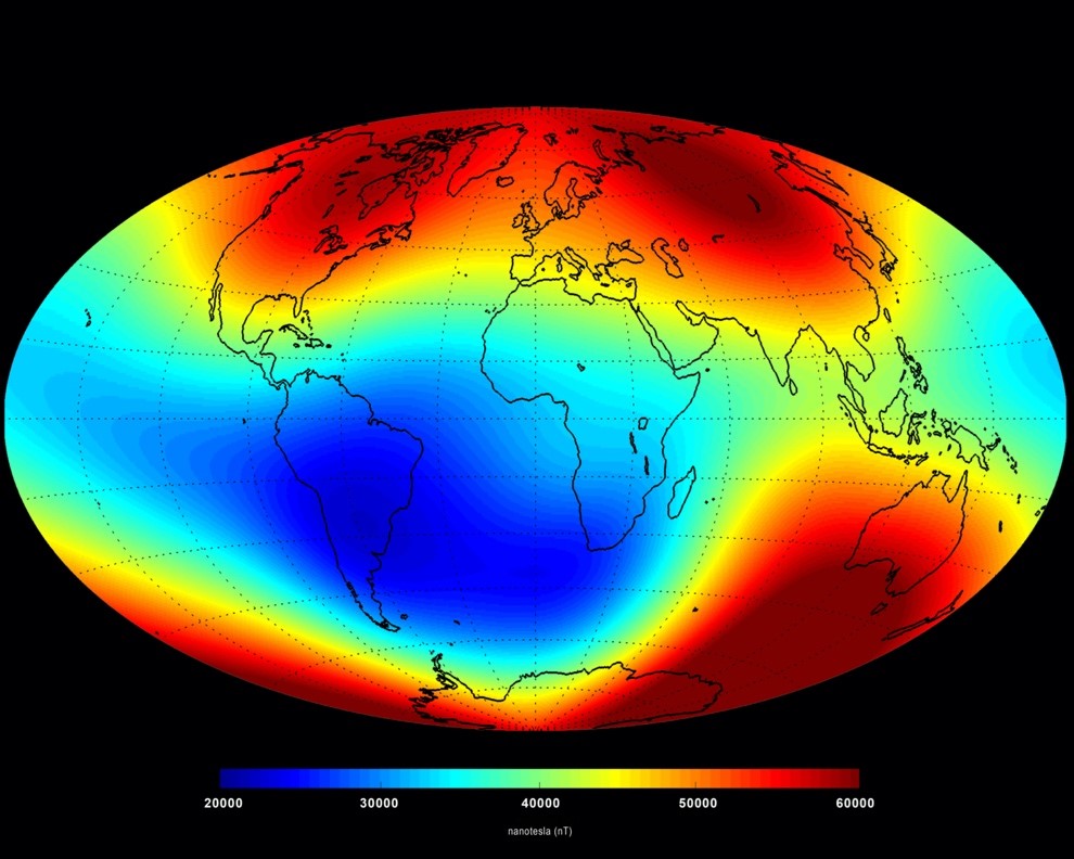 Figure 2. The average strength of the Earth's magnetic field at the surface (in nanotesla). The intensity of the magnetic field is greatest at the poles (NASA).