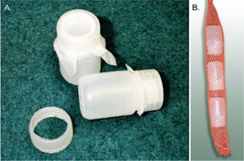 Nylon Screen Secured on (A) Open-Top Jar, and (B) Three Jars in Low-Density Polyethylene Mesh (Source: Vroblesky 2002)