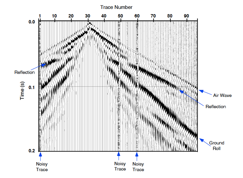 Figure 14. An evaluation of the seismic data in a trace shows some random noise and true reflections (Baker 1999). An 