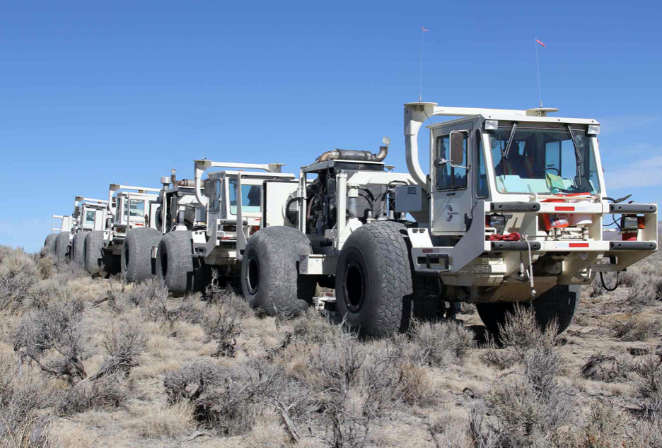 Figure 8. Vibration trucks travel along designated north/south routes applying hydraulic pressure at 160-foot intervals. The seismic waves are then picked up by receiver points within the project area (USGS).