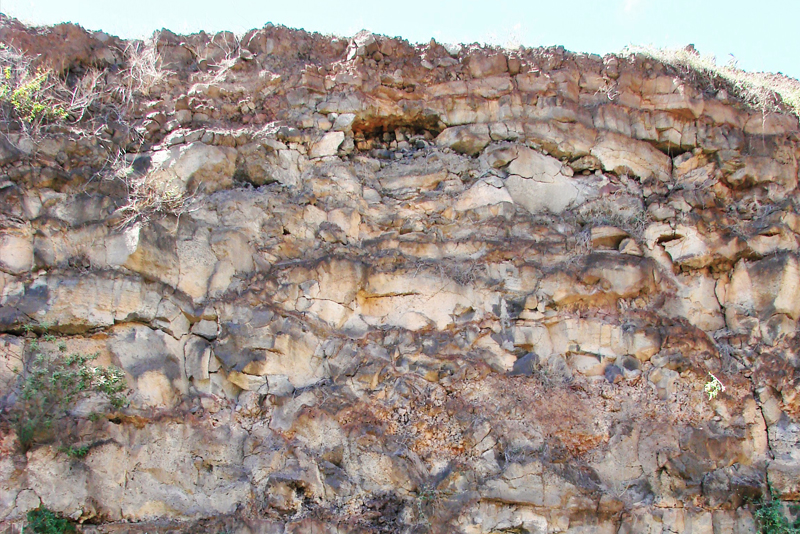 Pahoehoe flow lobe sequence belonging to the Koolau Basalt, visible at an old working face at a cement quarry in Hawaii. (Photo used with permission from Terry Tolan, INTERA.)