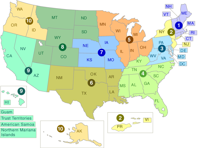 Map of the US, split into EPA regions