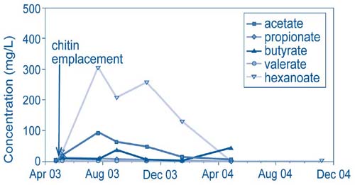 Figure 1. Representative data from one of 17 monitoring wells showed that injection of chitin in Distler Brickyard ground water produced a range of VFAs that were available to serve as electron donors for enhanced bioremediation.