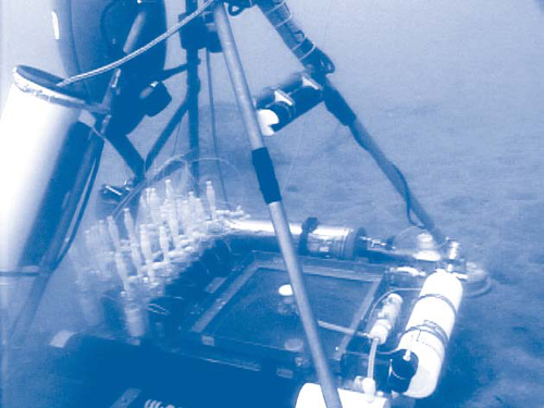 Figure 2. The 4-foot-high BFSD can be dropped easily from a small boat to the sediment surface, where weighted feet help secure the 150-pound device with its assorted instrumentation.