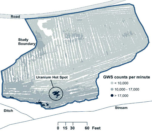 Figure 2. GWS results identified a uranium hot spot in surface soil at PGDP AOC 492.