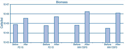 Figure 3. Significant changes were observed between pre- and post-oxidation microbial biomass in wells impacted by permanganate at one study site.