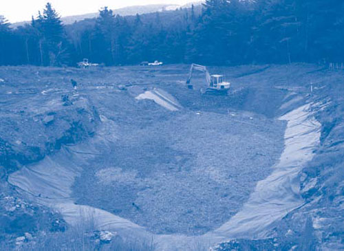Figure 3. Construction of the Ore Hill BCR, including sediment excavation, lining installation, plumbing, and reactive substrate placement, was completed within a single month.
