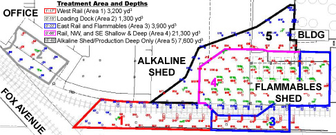 Five treatment areas distinguished by site conditions and past activities; ERH treatment was designed to reach shallow depths in areas 1 through 3, shallow and deep soils in area 4, and only deep (65 feet bgs) soil of area 5.