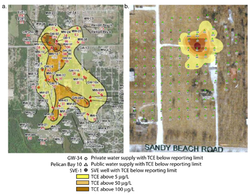 Figure 2. [a] Sandy Beach site plume boundaries identified in 2010 groundwater sampling, and [b] recent aerial photo overlaid with TCE vapor boundaries identified in 2007 soil gas survey