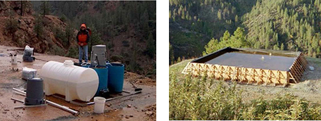 Bench-scale testing (left) and pilot-scale application of a BCR treating ARD at a rate of approximately 1 gpm (right) at the Golinsky Mine