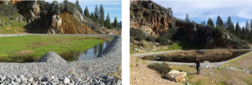 Progression of revegetation above the Golinsky Mine BCR, at three months after construction completion (left) and four years later (January 2015, right)