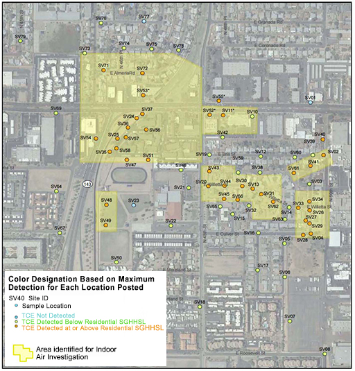 Areas identified for indoor air investigations associated with the Motorola 52nd Street site.