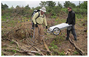 Figure 2. TEMTADS deployment at Camp Edwards involving a backpack-mounted data acquisition computer; a second operator controlled data collection through use of a personal data assistant communicating wirelessly with the data acquisition.