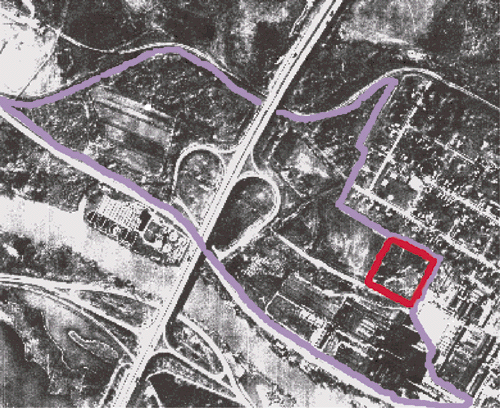 Aerial view of the CPC site (outlined in red) near Monroe, MI. The treatment area is outlined in blue. The site is bisected by Interstate 75 and adjacent to the River Raisin.